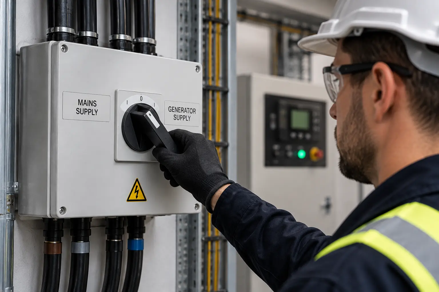Electrician switching between mains supply and generator supply on a change-over switch